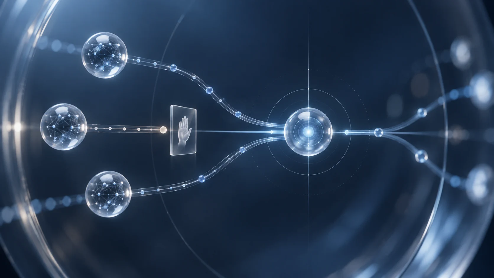 A research visualization of software agents pausing at a human approval checkpoint