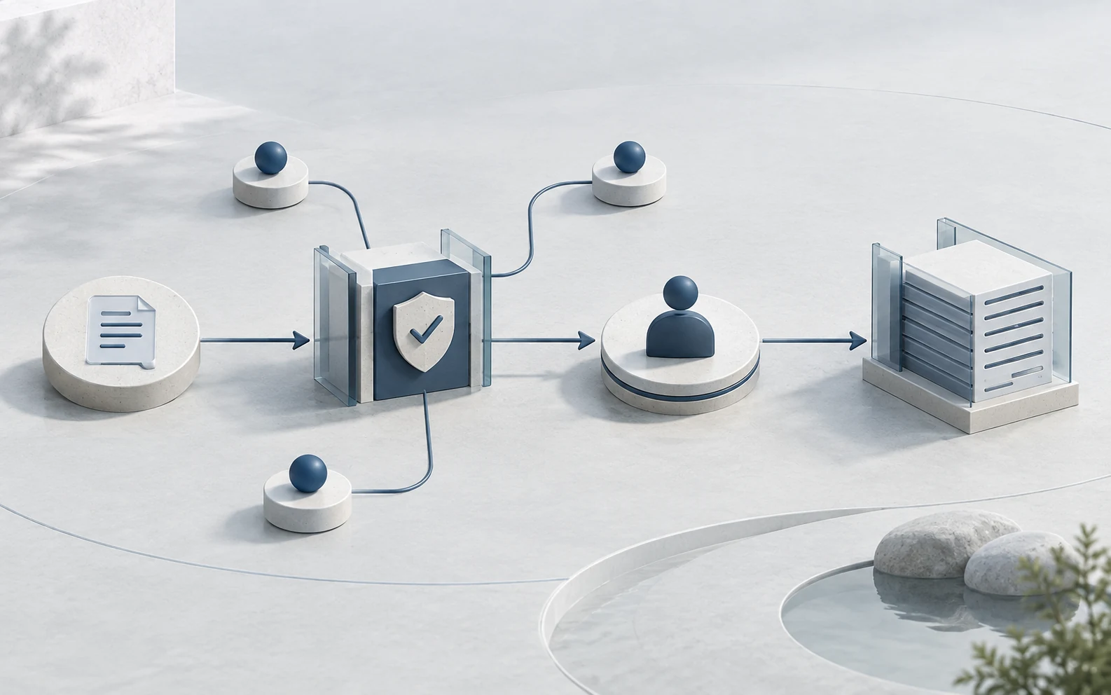 Illustration of a request moving through a policy gate and human approval checkpoint to an audit ledger