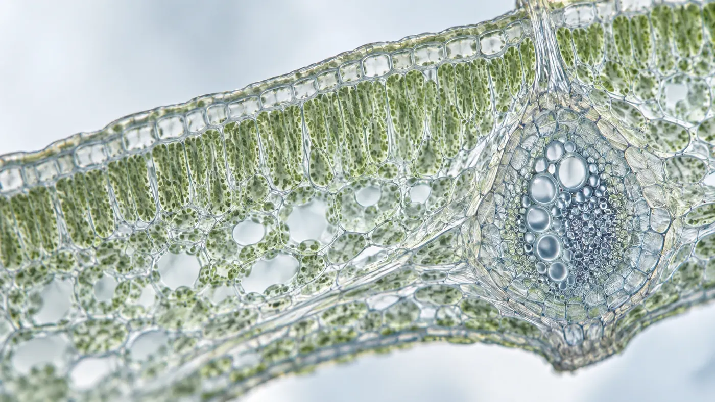 Microscopic view of botanical leaf cells from medicinal plant research