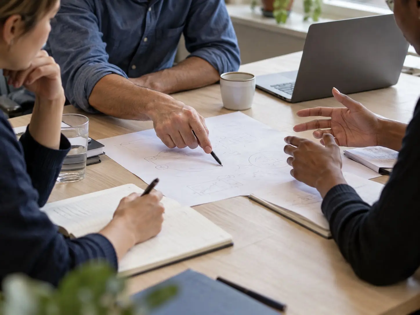 Researchers sharing notes around a table